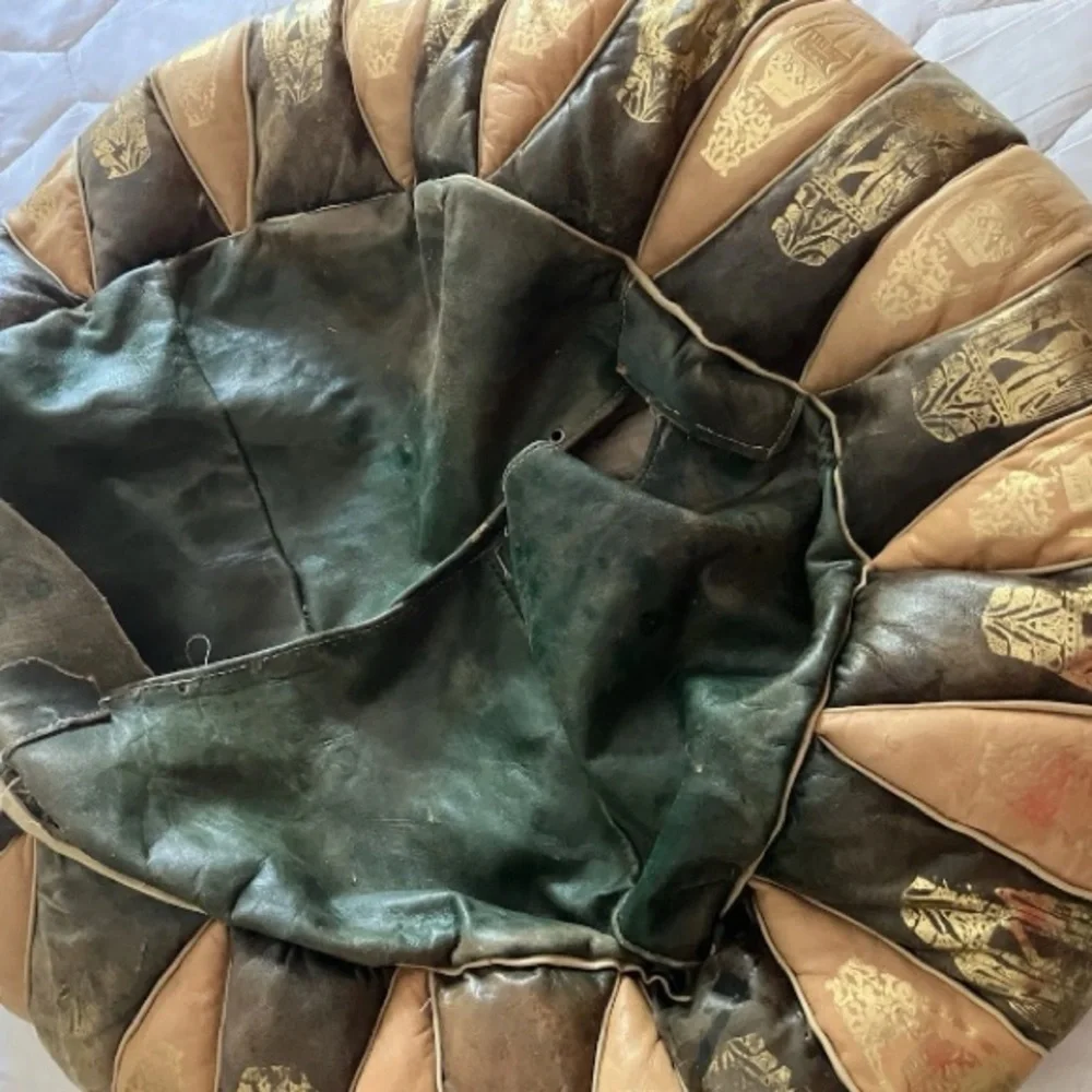 Leather pouf vintage true pouf 1920’s coarse filling Egyptian motif green gold